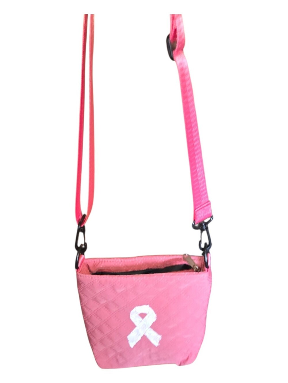 Pink Crossbody — Upcycled Quilted Purse with White  Ribbon And Purple HOPE